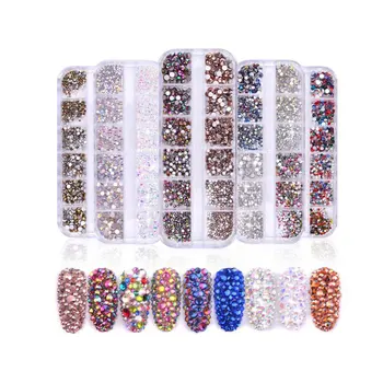 1 Кутия, Многоцветни Стъклени кристали за нокти, Разноцветни кристали с равна задна опора, AB, Кристали и Кристални, 3D Приказно Скъпоценни Камъни, Направи си САМ, Маникюр, Декорация на нокти