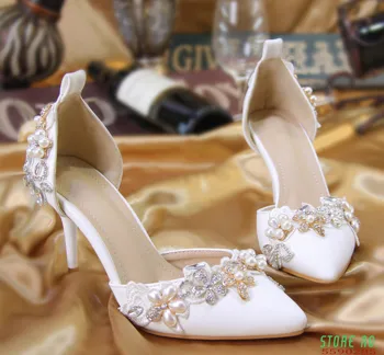 2022 Женски обувки с декорация във формата на кристали, колан с Остър Дума, най-Малкият Размер на 33, на Висок Ток, Перлата на Цветя, Сватбени Обувки на Принцесата на Шаферките на Булката, Булчински Обувки Голям Размер