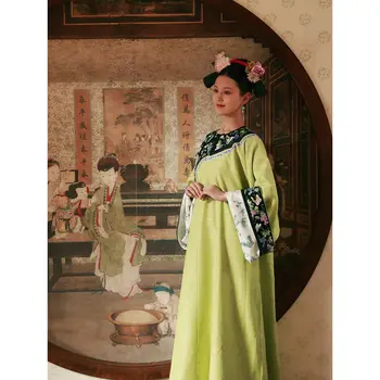 2023 новите китайски ретро рокля с флорални принтом, кръгла яка, половината ръкави, женствена рокля чонсам, свободен стил, всекидневни женски костюм тан, рокля