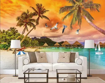 3d фото тапети по поръчка стенопис морски пейзаж, залез любов море кокосова палма пейзаж начало декор спалня тапети за стени 3d