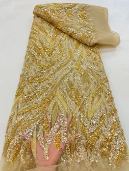 (5 ярда/бр.) Висококачествено златно африкански сватбена тюлевое дантела, най-новия вышитое тюлевое дантела, мъниста, пайети, френското сетчатое дантела за рокли FRX134