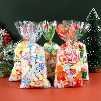 50шт Весела Коледа Чанти за Бонбони За Коледа Модел Домашен Прозрачна Пластмасова торбичка Украсата на Коледно Парти Подаръчни Торбички За Опаковане на Бисквитка