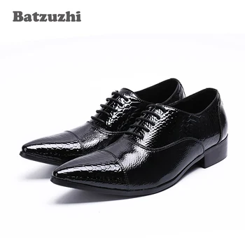 BATZUZHI/луксозни Нови мъжки модел обувки са ръчна изработка от естествена кожа, черни италиански моден бизнес обувки-Oxfords 2018 година, дантела, US12 EU46
