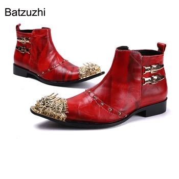 Batzuzhi/Модни Мъжки Обувки В западен Стил; Обувки с Нов Дизайн; Златни Къси Ботуши От Естествена Кожа, С Метална Бомбе и Червен Цвят; мъжки Вечерни Обувки с Цип; Botas Hombre