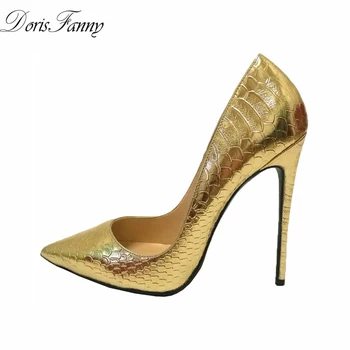 DorisFanny/2017 вечерни златни сватбени обувки женски пикантни обувки-лодка с остри пръсти на висок ток, големи, малки размери