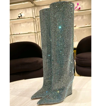 GCYFWJ/модни дамски обувки Ins на висок ток с кристали; дамски ботуши до Коляното на танкетке с остри пръсти; дамски дълги ботуши за сватбени партита