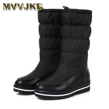 MVVJKE/дамски зимни обувки от естествена кожа, дамски обувки на платформа, Топли плюшени дамски ботуши без закопчалка, Удобни непромокаеми дамски
