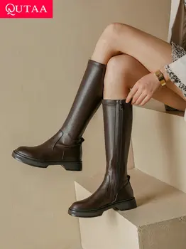 QUTAA/2023, есенно-зимните модни лаконичен дамски ботуши до коляното от естествена кожа, с кръгли пръсти на среден ток, ежедневни вечерни Дълги Размери диапазон 34-40