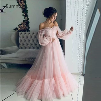 Sumnus 2022 Розова Вечерна рокля от Тюл в стил бохо, Дълга рокля Трапецовидна форма с открити рамене, Vestido De Fiesta De Boda, Прозрачна Рокля за Бала