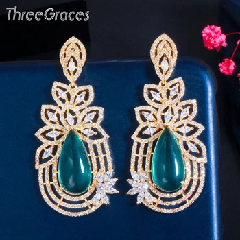 ThreeGraces Благороден Дизайн Златен Цвят на Голям Зелен КАМЪК Crystal Форма на Лист Дълги Висящи Сватбени и Вечерни Обеци за Жени, Бижута ER558