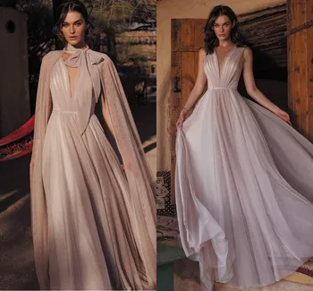 Vestidos DE Noiva Плажна Сватбена рокля Цвят Шампанско с Аромат на 2021 Сватбена рокля Robe De Mariage С Дълбоко V-образно деколте Unquic