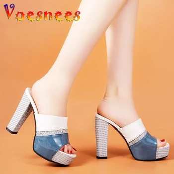 Voesnees/многоцветни чехли на квадратен ток; Новост 2021 г.; Лятна Дамски обувки на Дебела подметка; сандали на платформа; модни сандали на висок ток с рибено пръсти