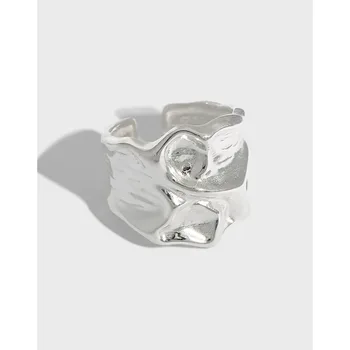 YPAY 100% Автентични Сребро 925 Гънки Текстура Регулируеми Пръстени на Палеца за Жени Корея INS Бижута YMR1176
