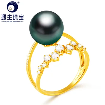 [YS] Годежен пръстен от чисто злато 18 Карата с перли 10-11 мм, Черна Естествена Культивированное пръстен с перли Таитянского и Южното море