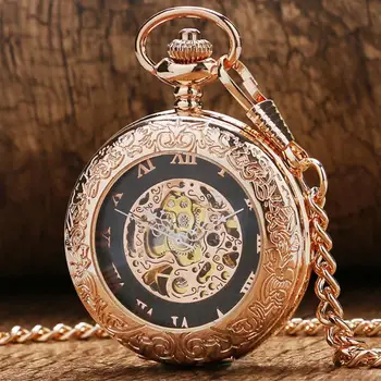 Антично Розово Злато Прозрачно Стъкло Римски Цифри Механични Ръчни Вятър Джобни Часовници Висулка Верига Часовници, Подаръци за Мъже, Жени reloj
