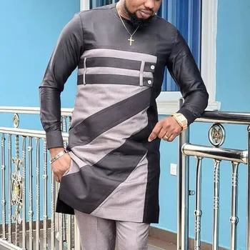 Африканска облекло в стила на принта, за да е подходяща по цвят, модни и ежедневни мъжки дълга риза с дълъг ръкав и кръгло деколте