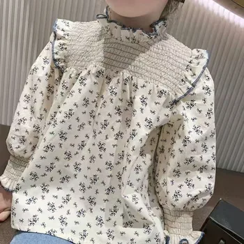 Блуза с дълъг ръкав за момичета 2021 Есен Нов Корейски Стил, Завързана Яка за Малки Момичета Цвете Западен Стил стоп-моушън Риза Есен