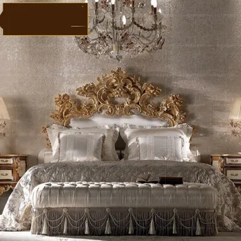 Вила Начало Легло Спалня От Масивно Дърво, Италианска Златна Фолио Резбовани Двойно Легло Плат Сватбена Легло Принцеса Легло Мебели Спални Слушалки