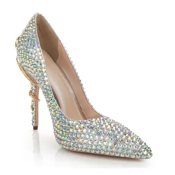 Дамски обувки на висок ток с кристали и остри пръсти, шикозни вечерни обувки на змеином обувки с диаманти, елегантни булчински обувки EU35-41, размер BY539