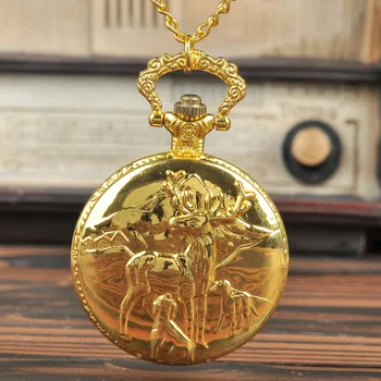 Джобни часовници 1038Quartz на подарък Унисекс Стилен Златен трехглавый Елен ретро Гланцов двустранен steampunk