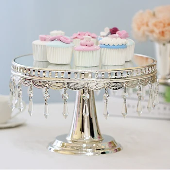 Европейски Стил Десерт Тава Сребърна Чиния Метална Кристален Направление Огледало Рожден Ден Торта Поставка Сватбени Аксесоари За Декорация На Дома