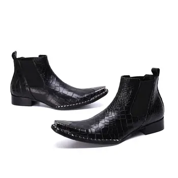 италиански модела обувки в стил милитари, черни каубойски ботуши в стил уестърн на висок ток със стоманена остър пръсти, армията обувки от естествена кожа, мъжки