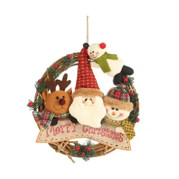 Коледен Венец От Ратан Входна Врата, Добре Дошли Знак Декор С Една Плюшена Кукла Празнично Подвесное Украса Дядо Коледа Декорации За Дома