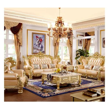 Комисионна голям кожен диван в европейски стил Комбиниран американски луксозен Издълбани диван от масивно Дърво със златна Пластина, цвят Шампанско