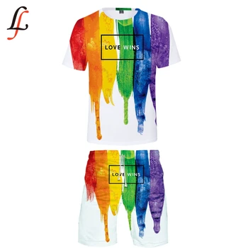 ЛГБТ 3D Принт, Нов Случайни Стръмен Мъжки Комплект от 2 Теми, Лятна Популярните Модни Градинска риза в стил хип-хоп, Риза + Къси Панталони, Комплекти