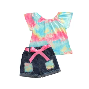 Летни Комплекти дрехи за момиченца от 1 до 6 години, Тениски с розови Принтом и къдри по ръкавите, на Върховете + Сини Дънкови Шорти, 2 бр.
