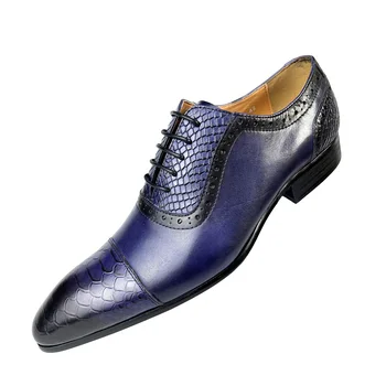 Луксозни обувки-Oxfords, мъжки обувки от Змийска кожа, сини мъжки модельная обувки с остри Пръсти, Дантела, Сватбени Офис кожени обувки, мъжки