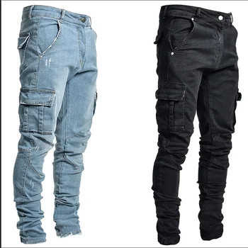 Мъжки дънки-карго ежедневни панталони slim fit със странично джоб Директни дънкови панталони Градинска облекло за Хип-хоп дънки за мъже