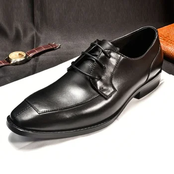 Мъжки кожени обувки за сватбата/банкет, официално облекло, бизнес мъжки обувки дантела в английски стил, дишащи обувки от естествена кожа с нисък берцем