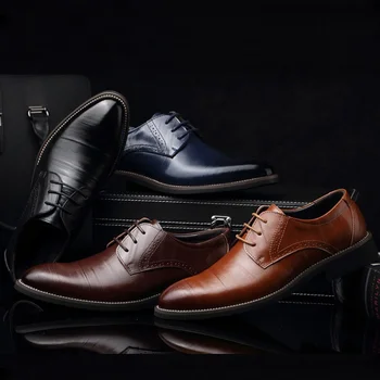 Мъжки обувки от телешка кожа, Модерен модни обувки, фини обувки с остри пръсти, Бизнес мъжки обувки Кожени обувки Голям Размер