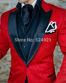 Направен по поръчка на Мъжки костюми с червени Цифри и черни смокинги за Младоженеца с Ревера на Младоженеца, Сватбена Кума (Яке + Панталон + вратовръзка) C749