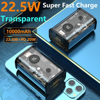 Прозрачен Power Bank 10000 ма 22,5 W Супер Бързо Зареждане на Huawei P40 P50 Powerbank За iPhone 13 14 Xiaomi Samsung Повербанк