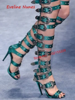 Реколта ботфорты над коляното с катарама, Ново прием на 2022 г., дамски модни пикантни обувки Големи Размери на висок ток с отворени пръсти, Безплатна доставка