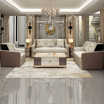 Светла луксозна мебел в италиански стил, хол, малък апартамент, хонг конг стил, постмодерното, проста кожа