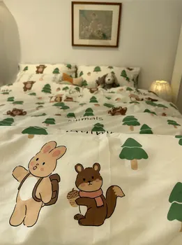 Сладък cartoony заек мечка бор комплект спално бельо дете тийнейджър, близнак пълен кралица зелен памук домашен текстил чаршаф калъфка за възглавница одеяло калъф