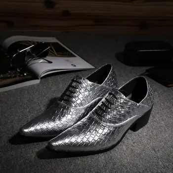 Сребърни Мъжки Дишащи бизнес Модела Обувки с Остри Пръсти, Выдалбливают Сплетен Модел Кожени Мъжки Официални Обувки
