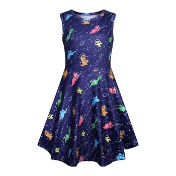 Тъмно синя рокля за момиченца, Хубава Лятна рокля с принтом Вселената Динозавър от Карикатура, без ръкави, Новост 2020 г., Ежедневна рокля на Принцеса, на възраст от 3 до 7 години